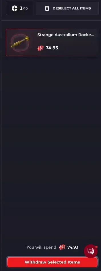 Howl withdrawal panel with a Strange Australium Rocket Launcher selected at 74.93 coins, the counter reading 1 of 10 and a Withdraw Selected Items button