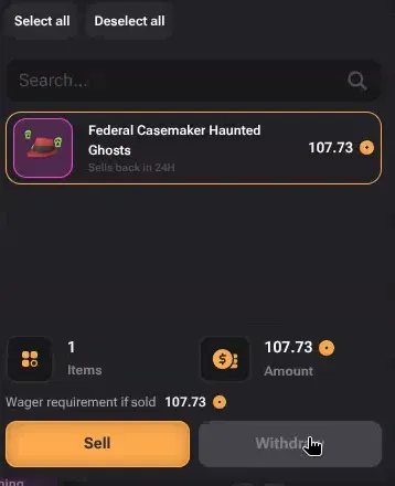 TF2Easy inventory drawer with a Federal Casemaker Haunted Ghosts selected at 107.73 coins, the counters reading 1 item and 107.73 amount, above a wager requirement line and Sell and Withdraw buttons