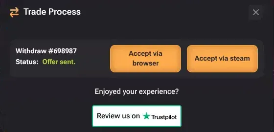 TF2Easy trade process dialog for Withdraw #698987 reading Status Offer sent, with Accept via browser and Accept via steam buttons
