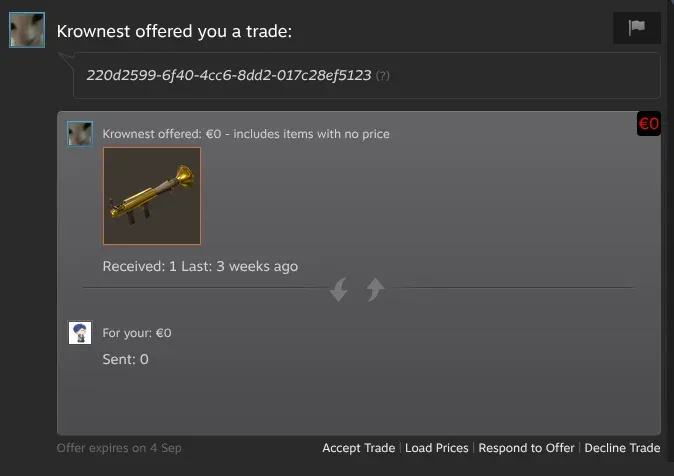 Steam trade offer from the Howl bot Krownest holding the Strange Australium Rocket Launcher, with the offer token visible and an expiry of 4 September