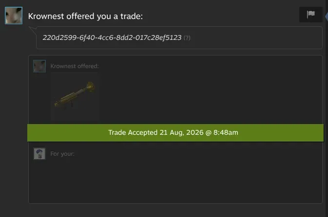 Steam trade window on 21 August 2026 showing Howl's bot Krownest offering a Strange Australium Rocket Launcher, marked Trade Accepted at 8:48am