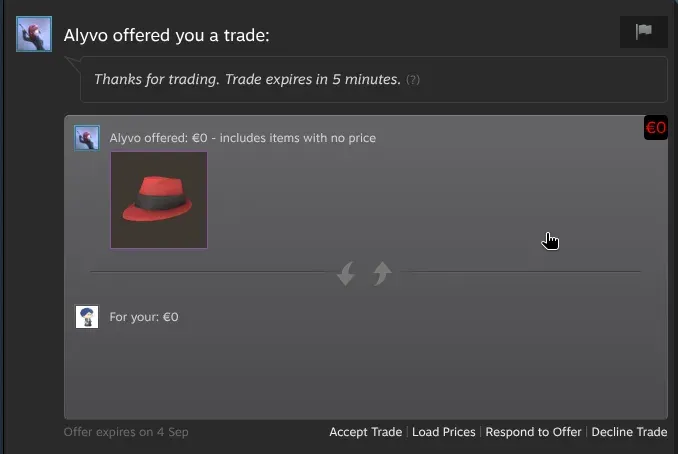 Steam trade offer from the TF2Easy bot Alyvo carrying the message Thanks for trading, trade expires in 5 minutes