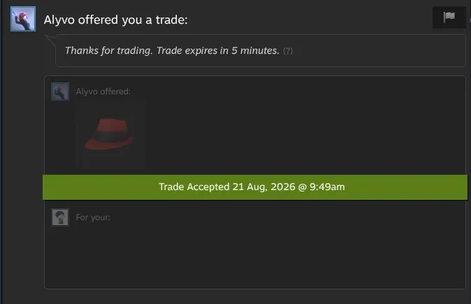 The same Steam trade offer from Alyvo marked Trade Accepted 21 Aug 2026 at 9:49am