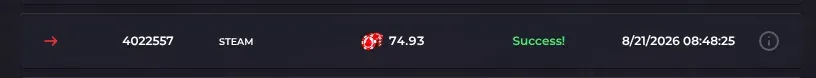 Howl withdrawal 4022557 by STEAM for 74.93 coins marked Success at 08:48:25 on 21 August 2026