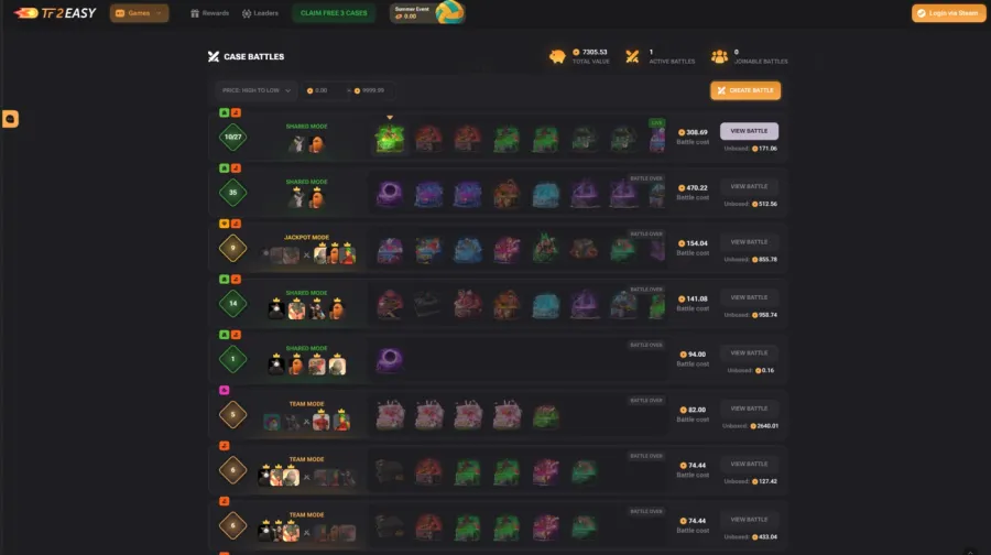 TF2Easy case battles lobby on 16 August 2026, listing open battles with the cases in each, the entry cost in coins and the players already joined