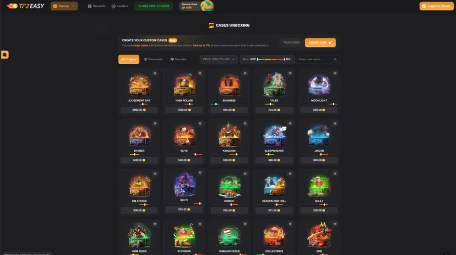 TF2Easy case unboxing page on 16 August 2026, showing a grid of TF2 cases with their coin prices