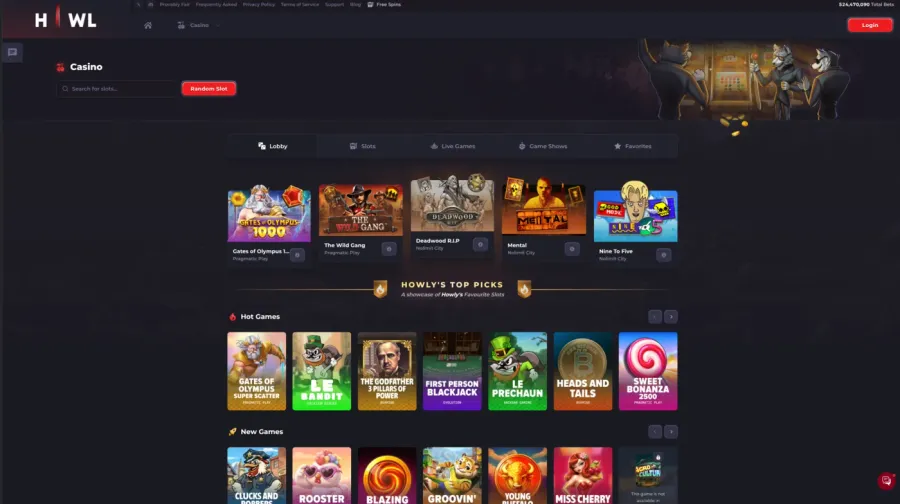 Howl casino lobby on 16 August 2026, showing third-party slot titles in a grid under a Hot Games row