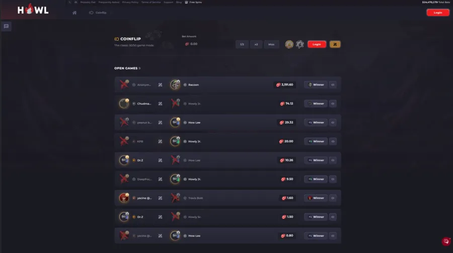 Howl coinflip lobby on 16 August 2026, listing open coinflip games with the stake in coins and the side each player took