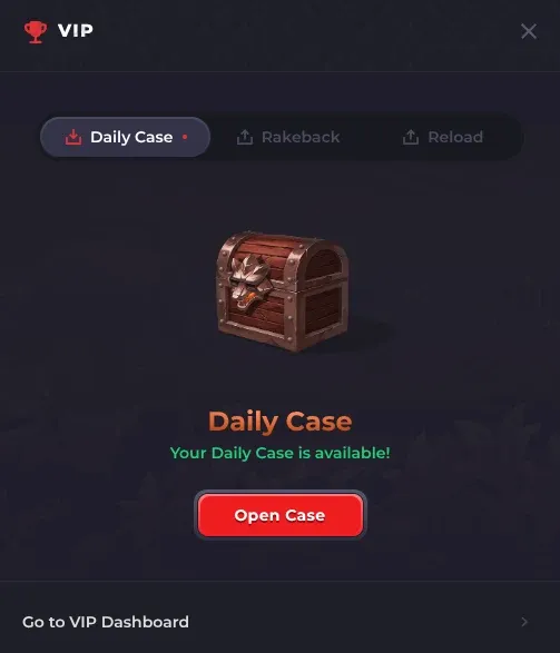 Howl VIP panel on the Daily Case tab reading Your Daily Case is available with an Open Case button