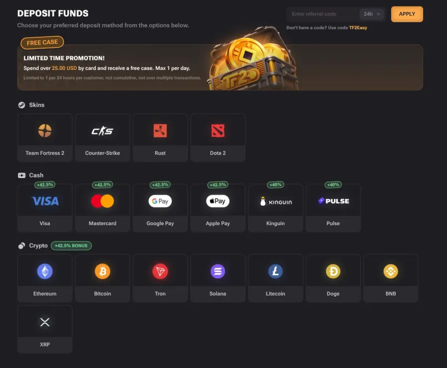 TF2Easy deposit dialog with Team Fortress 2, Counter-Strike, Rust and Dota 2 skins, Visa, Mastercard, Google Pay and Apple Pay badged 42.5%, Kinguin and Pulse at 40%, and eight cryptocurrencies