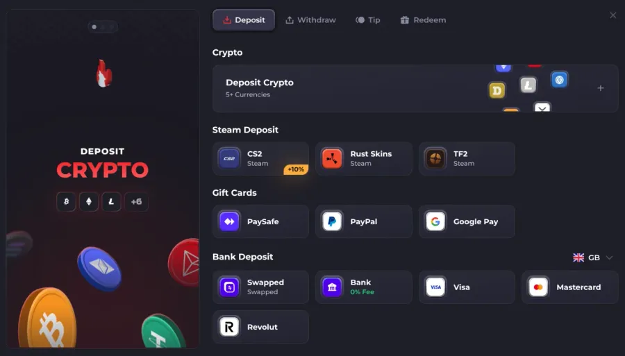 Howl deposit dialog with crypto, CS2, Rust Skins and TF2 Steam deposits, PaySafe, PayPal, Google Pay, bank transfer, Visa, Mastercard and Revolut