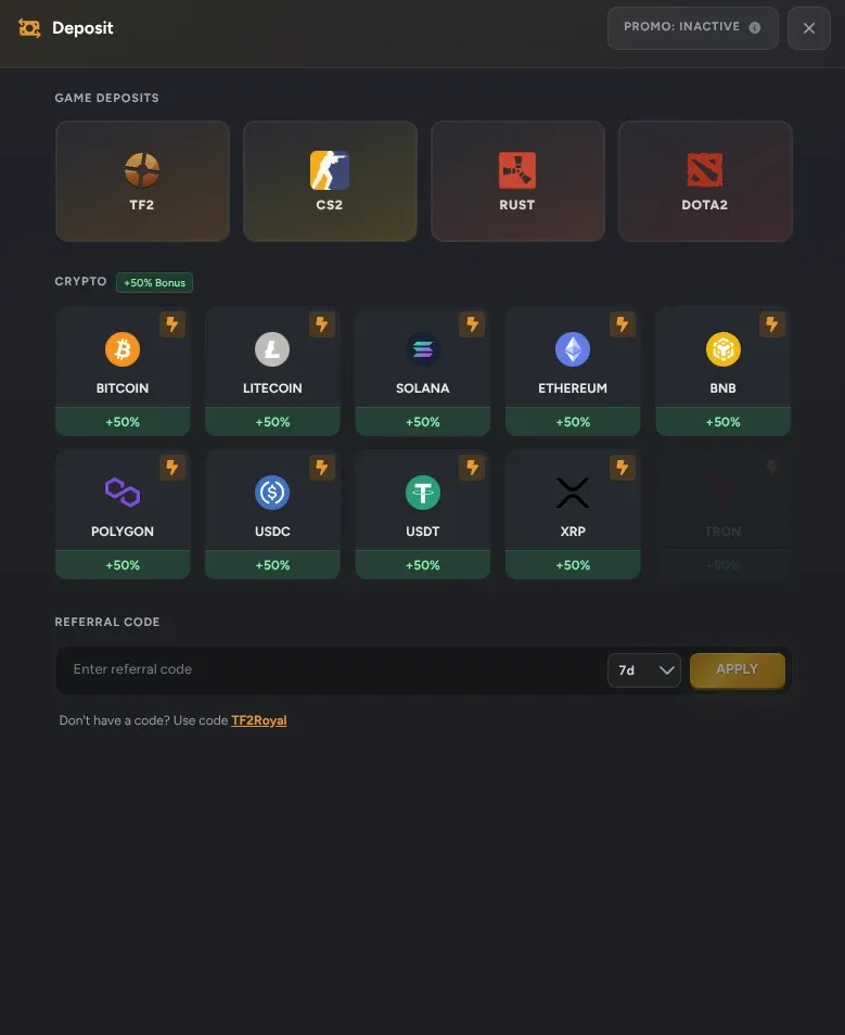 TF2 Royal deposit dialog with TF2, CS2, Rust and Dota 2 game deposits above nine cryptocurrencies each badged plus 50 percent, and a referral box holding the site's own fallback code