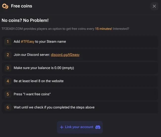 The TF2Easy free coins dialog listing six conditions, including adding #TFEasy to your Steam name, joining the Discord and reaching level 8