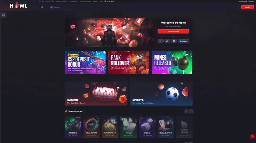 Howl.gg home page with the CS2 deposit bonus, rank rollover and mines released banners above the house games rail