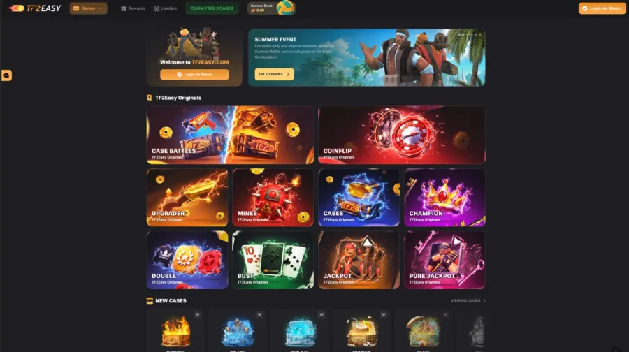 TF2Easy home page with the summer event banner above the TF2Easy Originals rail of case battles, coinflip, upgrader, mines, cases, champion, double, bust and jackpot