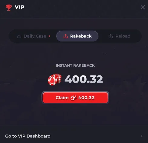 Howl VIP panel on the Rakeback tab showing an instant rakeback balance and a Claim button