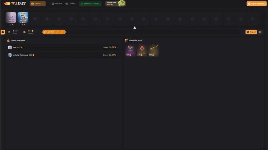 TF2Easy jackpot round on 16 August 2026 with two players holding 76.09 and 23.91 percent of the pot, three items deposited and a 14 second countdown