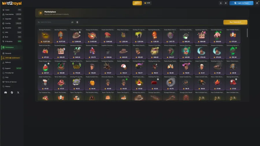 The TF2 Royal marketplace, a grid of Team Fortress 2 hats and unusuals with prices in coins