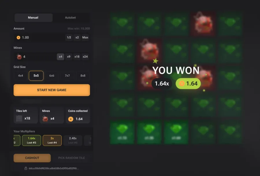 A won mines round on TF2Easy showing 1.64x, four mines on a 5 by 5 grid and 1.64 coins collected