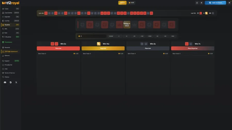 The TF2 Royal roulette table with four betting areas paying Win 2x, Win 14x, Win 2x and Win 7x below the results history