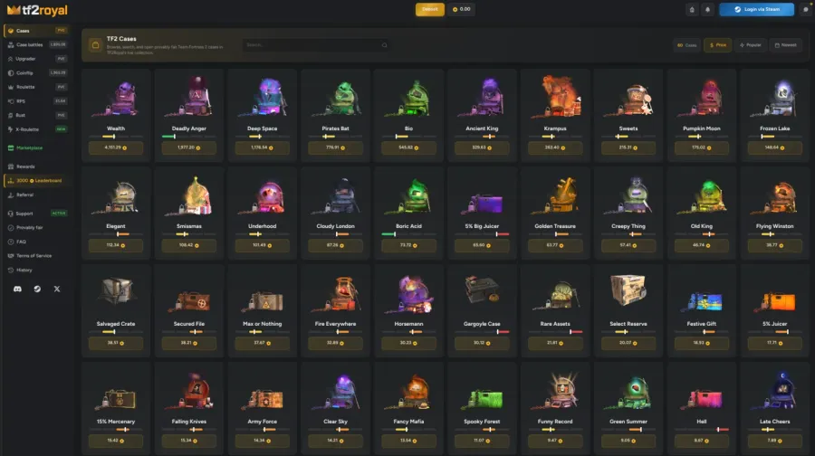 The TF2 Cases page on TF2 Royal, a grid of Team Fortress 2 cases with prices in coins, and a sidebar listing cases, case battles, upgrader, coinflip, roulette, RPS, bust and X-Roulette