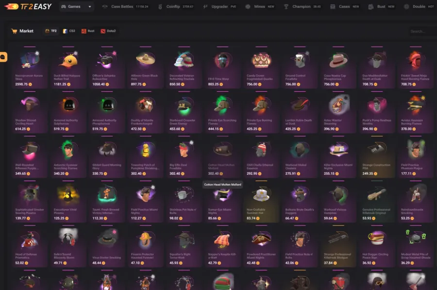 The TF2Easy market on the TF2 tab, a grid of Team Fortress 2 unusual hats and effects priced in coins from 2,598.75 downwards