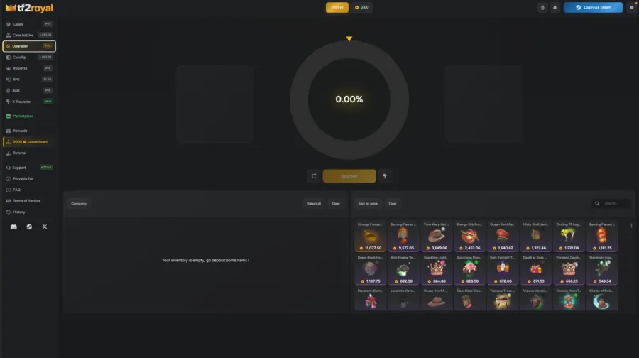 TF2 Royal upgrader on 16 August 2026, showing the percentage wheel at 0.00 percent alongside the item inventory you pick from