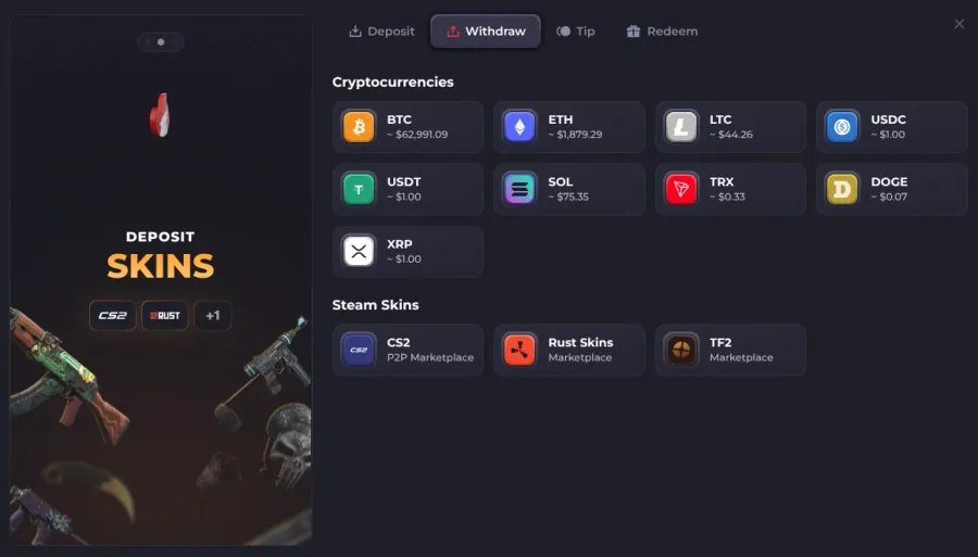 Howl withdraw dialog listing BTC, ETH, LTC, USDC, USDT, SOL, TRX, DOGE and XRP with live rates above the CS2, Rust and TF2 marketplaces