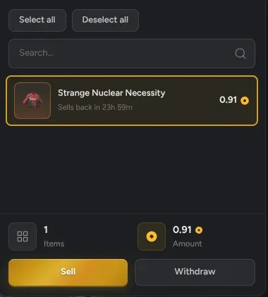TF2 Royal inventory with a Strange Nuclear Necessity selected at 0.91 coins, labelled Sells back in 23h 59m, above Sell and Withdraw buttons