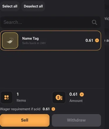TF2Easy inventory with a Name Tag selected at 0.61 coins, labelled Sells back in 24H, above Sell and Withdraw buttons