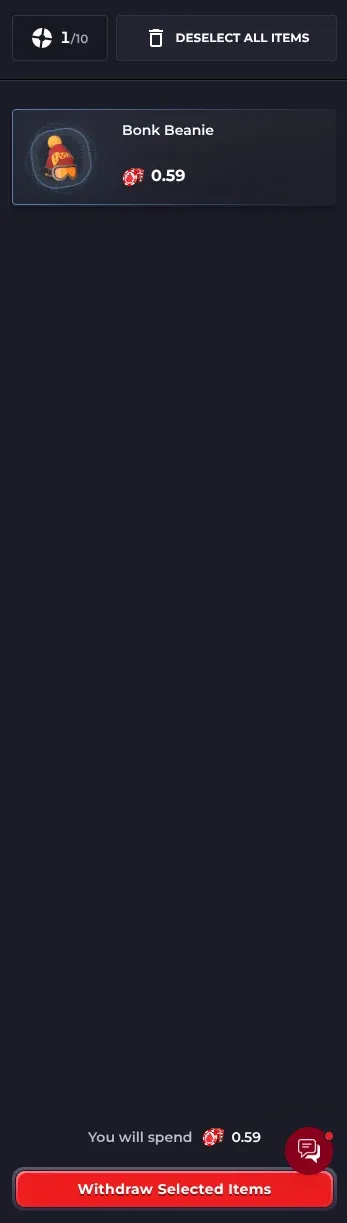 Howl withdrawal drawer with a Bonk Beanie selected at 0.59 coins, the counter reading 1 of 10 and a Withdraw Selected Items button