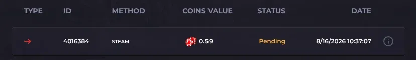 Howl withdrawal 4016384 by STEAM for 0.59 coins marked Pending at 10:37:07 on 16 August 2026