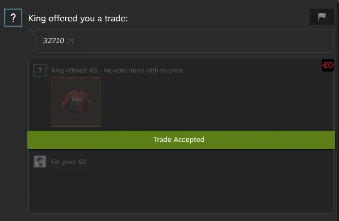 Steam trade offer from the TF2 Royal bot King with trade message 32710 holding the Strange Nuclear Necessity, marked Trade Accepted