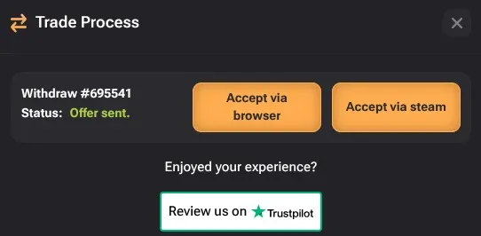 TF2Easy trade process dialog for Withdraw #695541 reading Status Offer sent, with Accept via browser and Accept via steam buttons