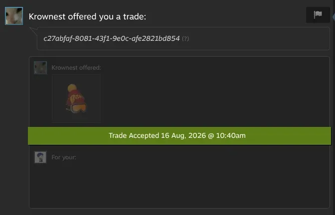Steam trade offer from the Howl bot Krownest holding the Bonk Beanie, marked Trade Accepted 16 Aug 2026 at 10:40am