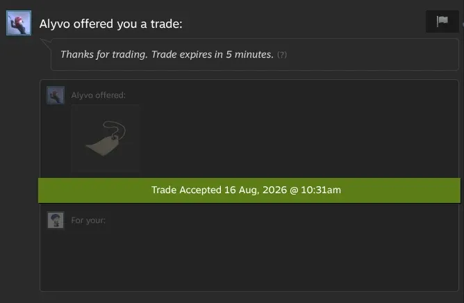 Steam trade offer from the TF2Easy bot Alyvo holding the Name Tag, marked Trade Accepted 16 Aug 2026 at 10:31am